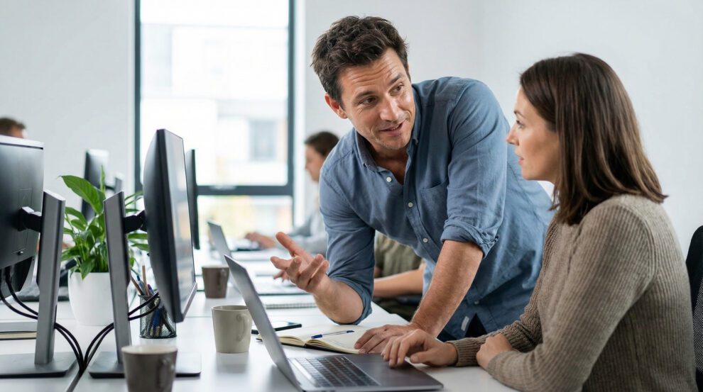 TWIMM 38 Coworker explaining task to colleague at office desk