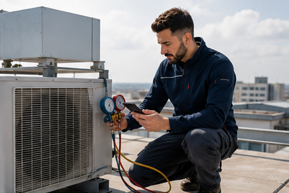 Technicien contrôlant une unité de climatisation avec des manomètres et son smartphone sur un toit.