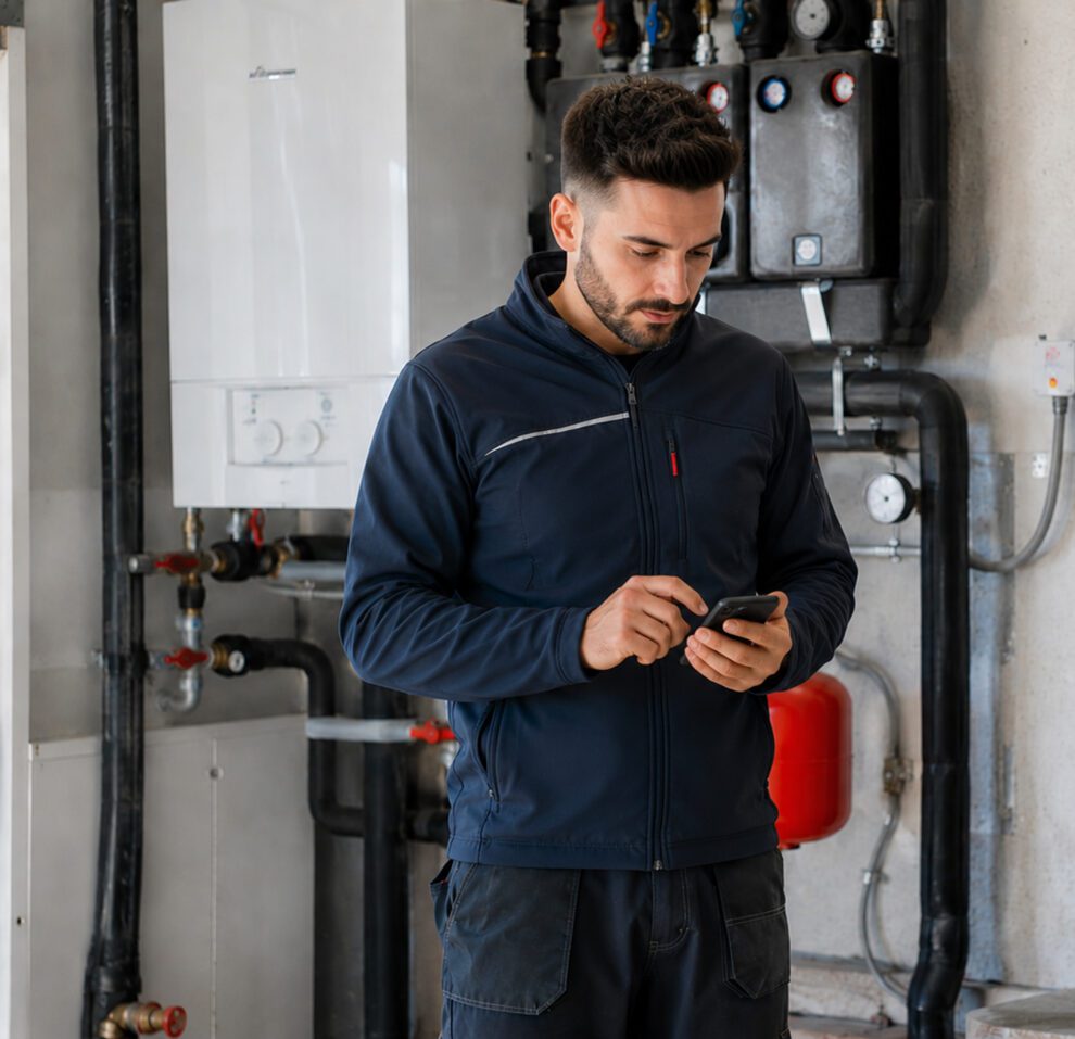Technicien utilisant son smartphone devant une chaudière murale dans une chaufferie.