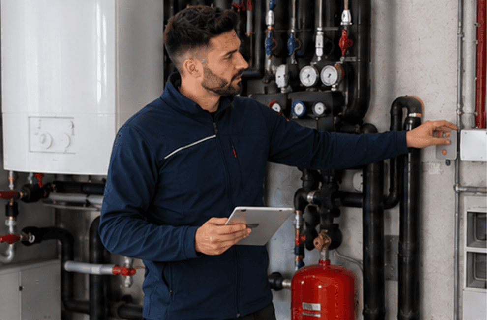 Technicien tablette en main inspectant une installation de chauffage dans une chaufferie.