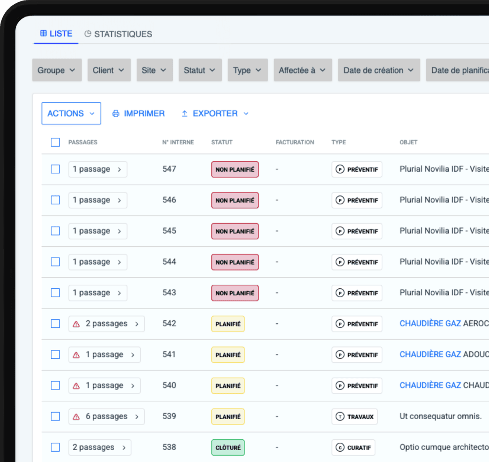 Interface Twimm affichant la liste des interventions avec leurs statuts et leurs types.