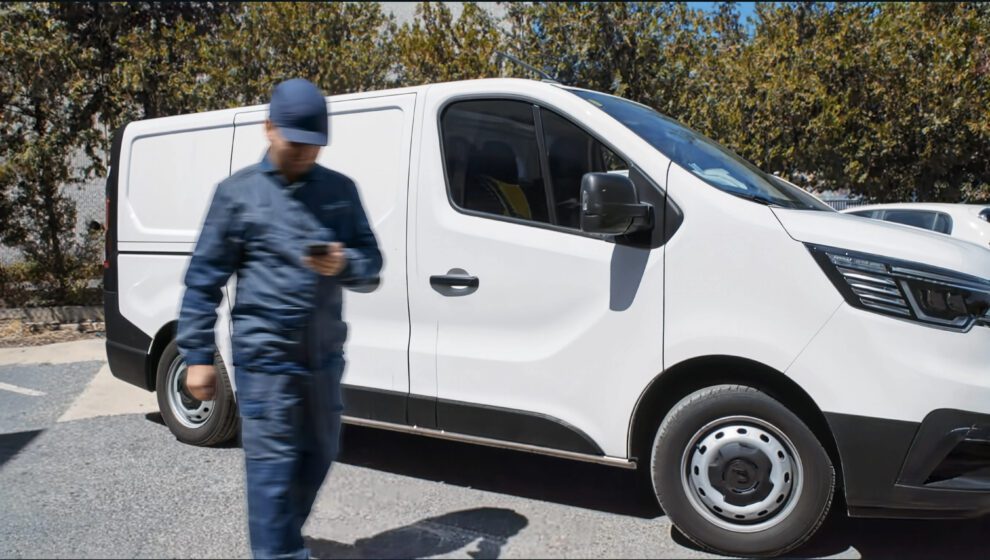 Technicien consultant son smartphone devant son véhicule d'intervention, en suivi sur le terrain.