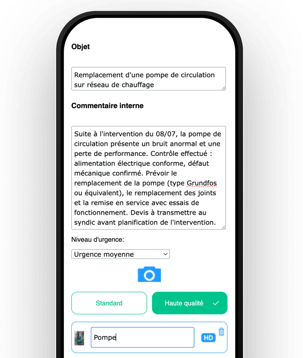TWIMM 26 Formulaire de devis Twimm sur smartphone détaillant le remplacement d'une pompe de circulation.