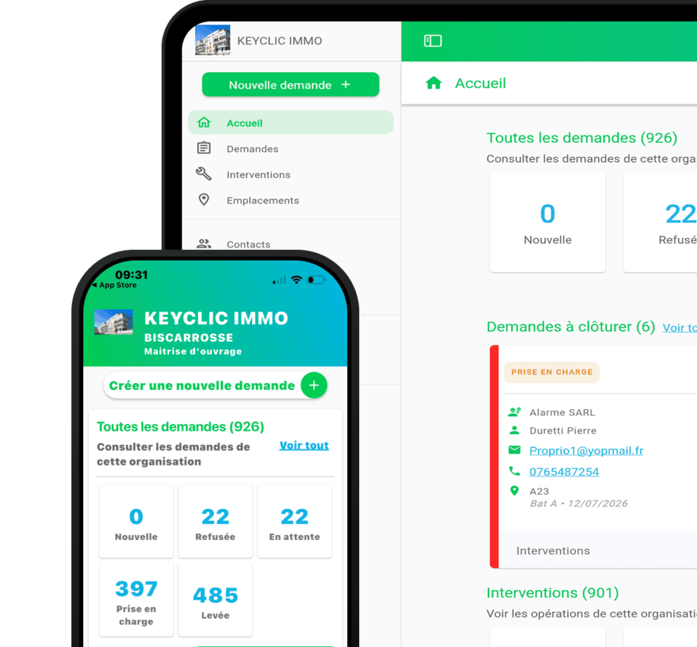 Interface Keyclic de gestion de la garantie de parfait achèvement sur tablette et smartphone.