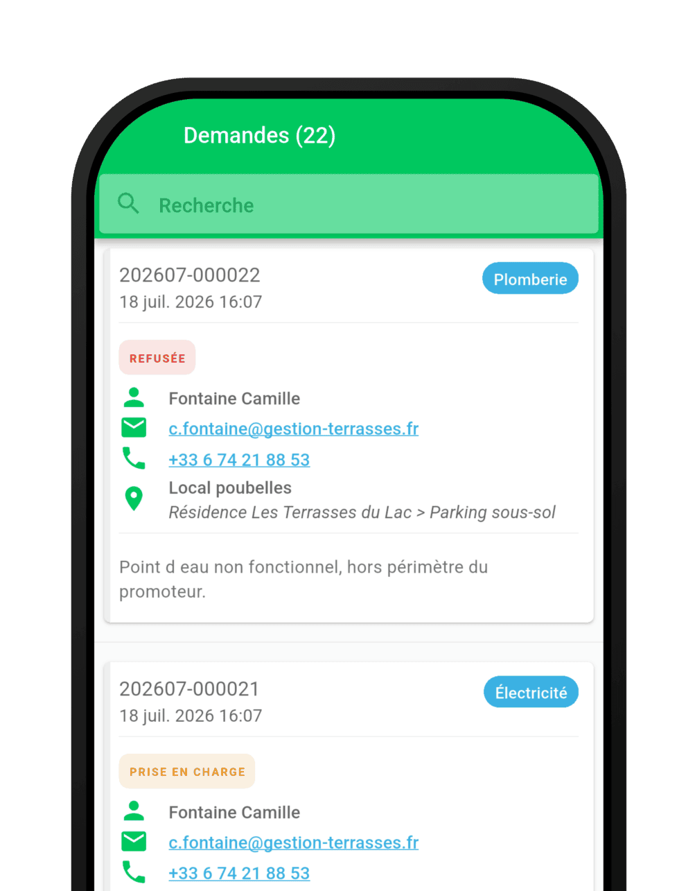 Détail d'une demande de plomberie dans l'application mobile Keyclic, en contexte de levée de réserves.