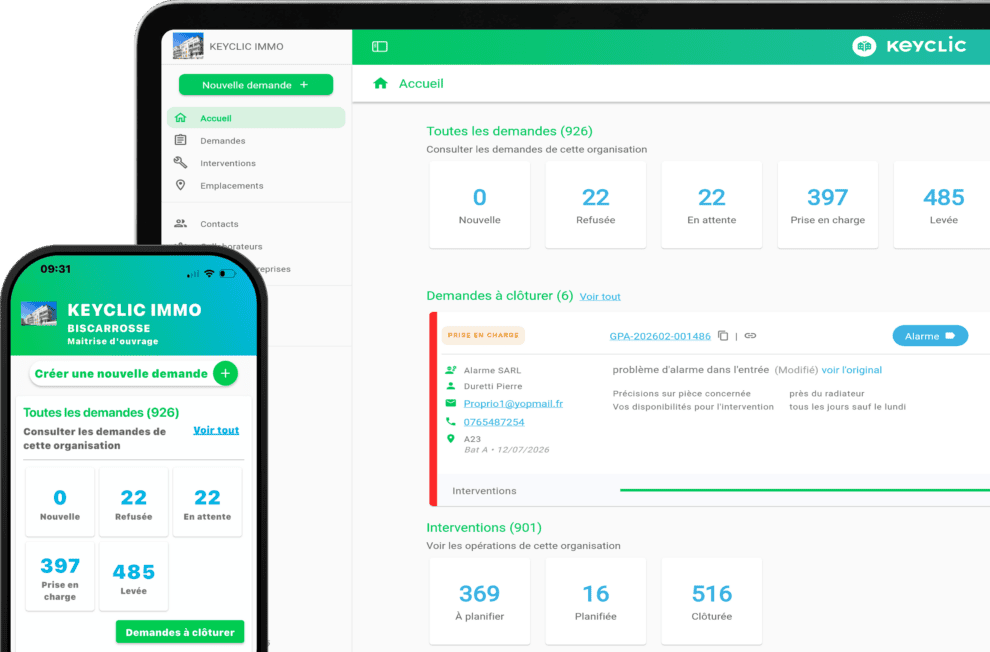 Logiciel Keyclic de gestion des demandes d'intervention affiché sur tablette et smartphone.