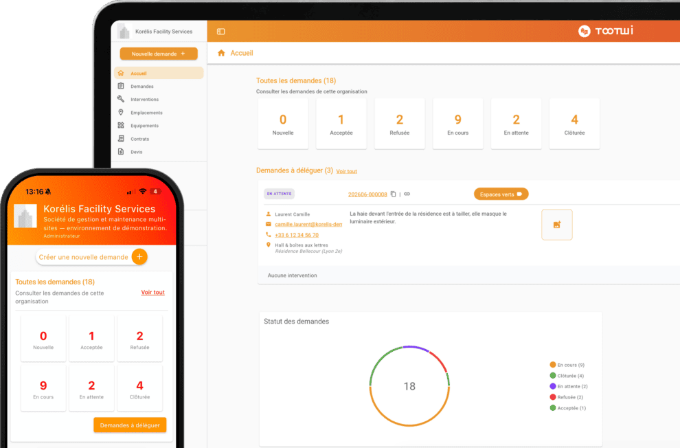 Logiciel Tootwi de gestion des demandes d'intervention affiché sur tablette et smartphone.