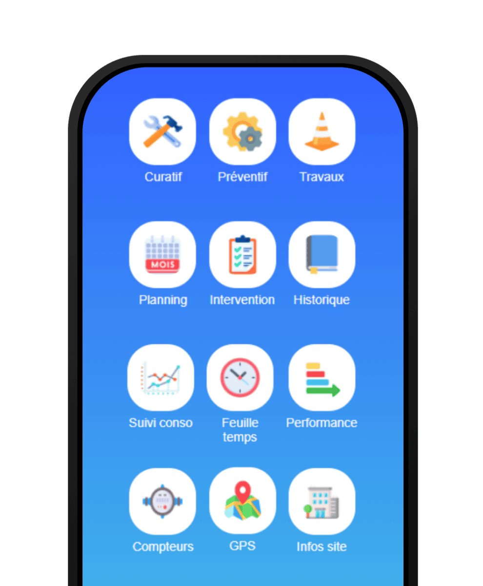 TWIMM 24 Écran d'accueil de l'application mobile Twimm présentant ses modules de gestion de maintenance.
