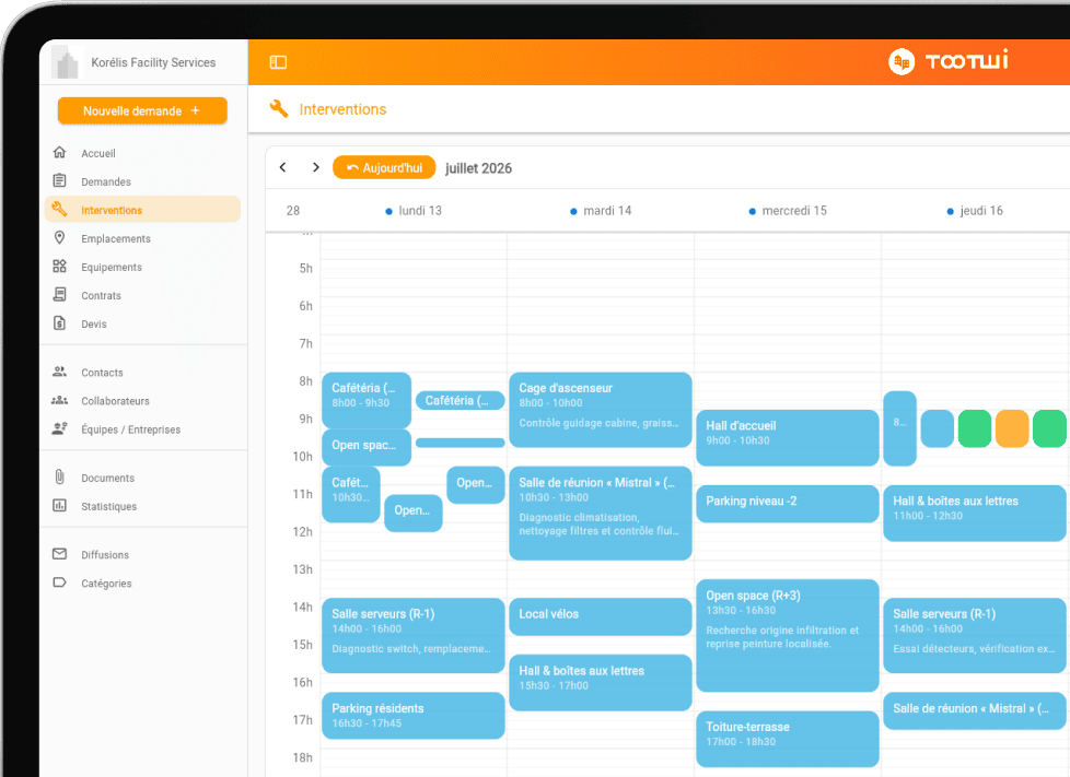TOOTWI 23 Interface Tootwi affichant le planning hebdomadaire des interventions.